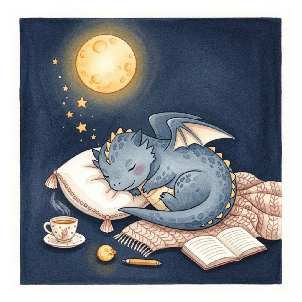 A small friendly dragon curled up sleeping on a cream pillow under an amber moon.