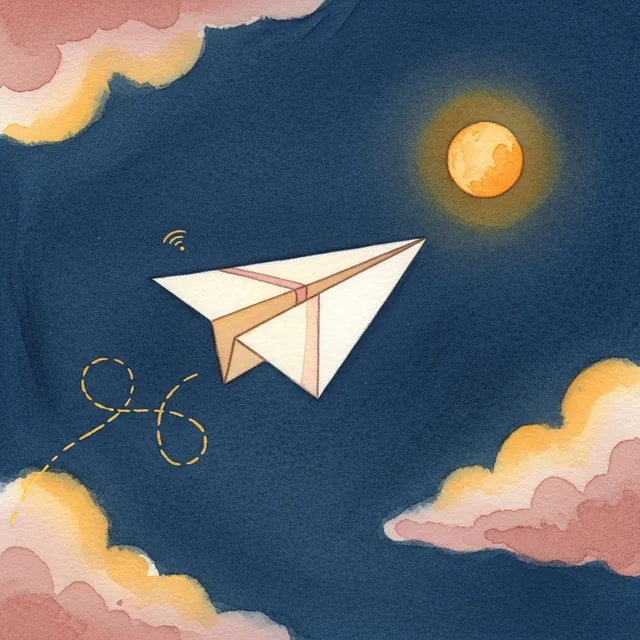 A cream-colored paper airplane gliding past a small amber moon.