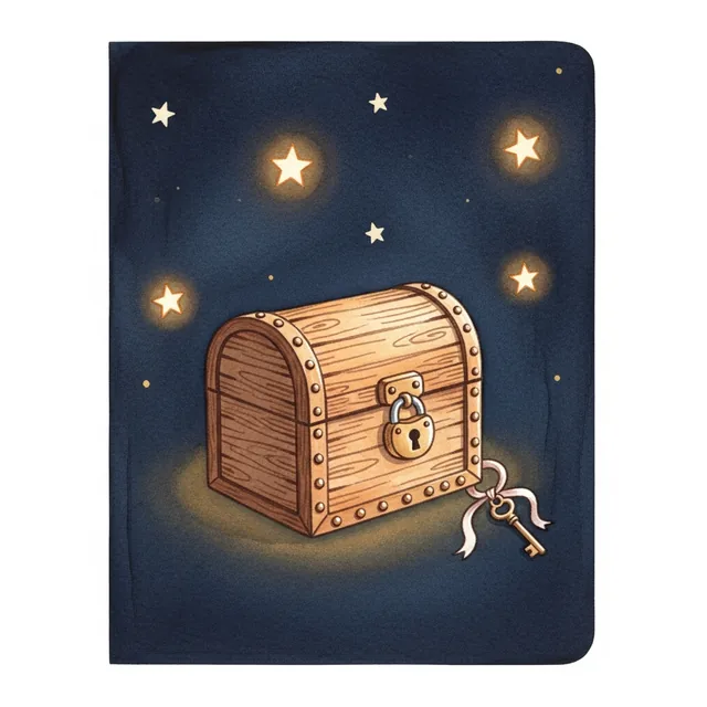 A small wooden treasure chest with a brass padlock under amber starlight.