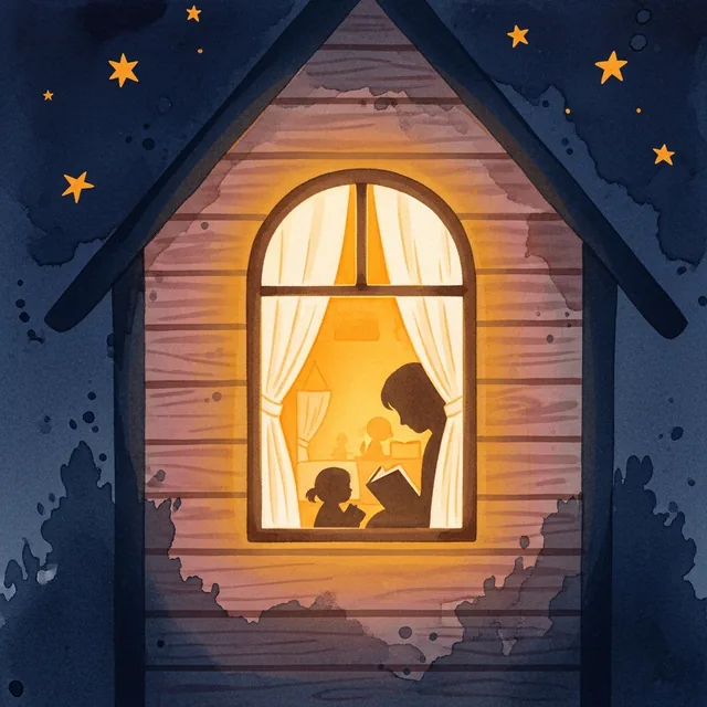 A warmly-lit cabin window at night, signature Baku illustration style