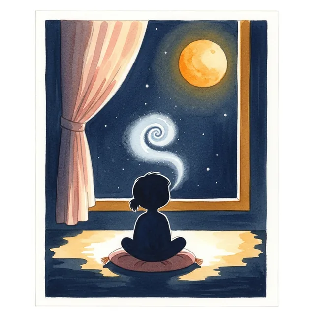 A small child in silhouette sitting cross-legged with a soft mist cloud rising from their breath.