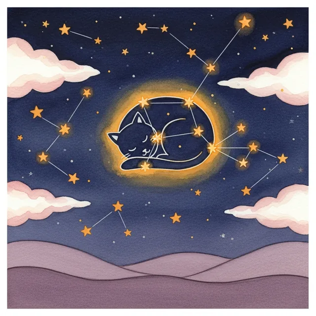 A constellation in the night sky shaped like a sleeping curled-up cat.
