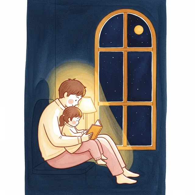 A father reading to a small child by a window at night