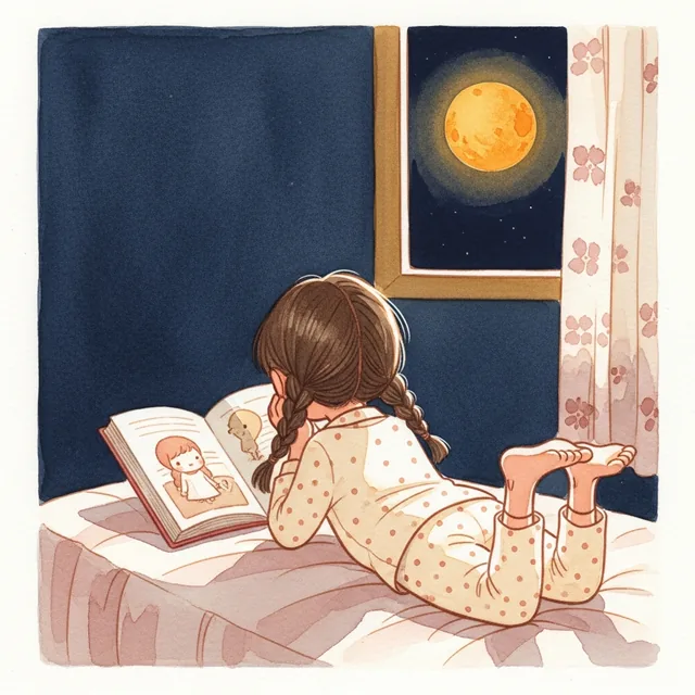 A small girl with twin braids in cream pajamas reading a picture book on her bed.